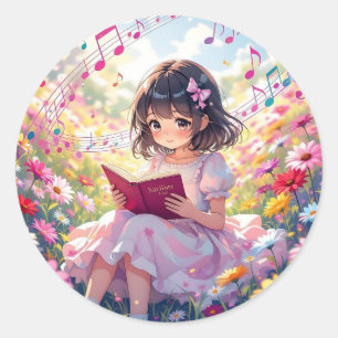 Pegatina Redonda Chica Anime Adorable Leyendo un Libro