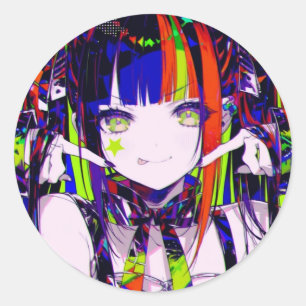 Pegatina Redonda Chica Anime Neon Glitchcore Estrella Mejilla