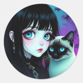 Pegatina Redonda Chica Anime y Gato Siames