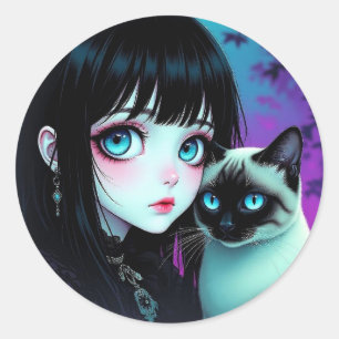 Pegatina Redonda Chica Anime y Gato Siames 