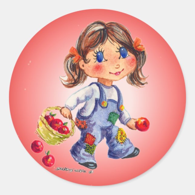 Pegatina Redonda CHICA APPLE de SHARON SHARPE (Anverso)