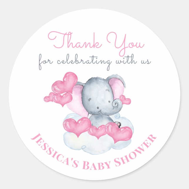 Pegatina Redonda Chica Baby Elephant con corazones rosas - Gracias (Anverso)