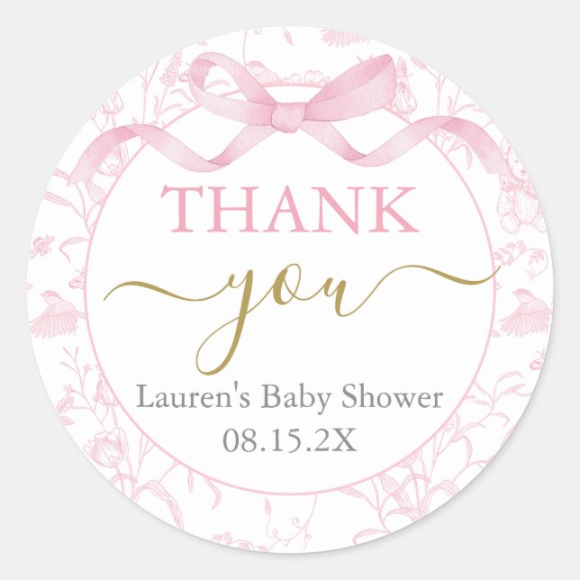 Pegatina Redonda Chica Baby Shower Bow Rosado (Anverso)