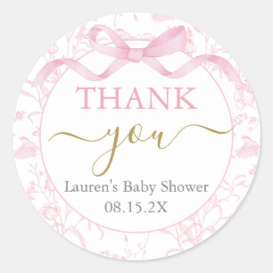 Pegatina Redonda Chica Baby Shower Bow Rosado