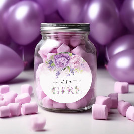 Pegatina Redonda Chica Baby Shower De Flores De Jardín Púrpura Y Ro