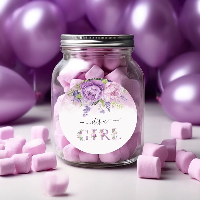 Pegatina Redonda Chica Baby Shower De Flores De Jardín Púrpura Y Ro (Purple And Pink Garden Flowers Girl Baby Shower Classic Round Sticker!)