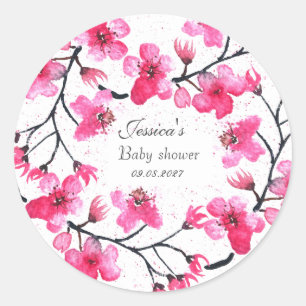Pegatina Redonda Chica Baby Shower de flores rosas cerezo flor