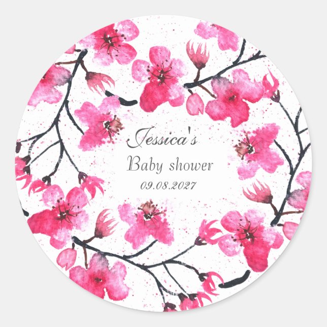 Pegatina Redonda Chica Baby Shower de flores rosas cerezo flor (Anverso)