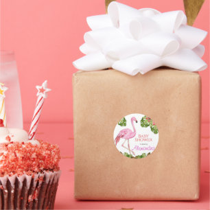 Pegatina Redonda Chica Baby Shower Pink Flamingo Tropical Wildlife