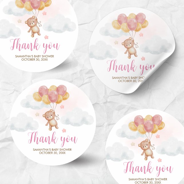 Pegatina Redonda Chica Bear Bearly Wait Baby Shower (We Can Bearly Wait Bear Balloons Baby Shower Sticker)