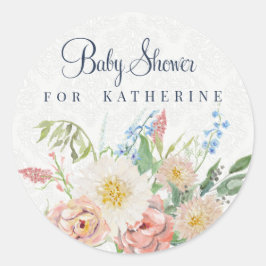Pegatina Redonda Chica Bebé Shower Rosa Floral Verde Hoja
