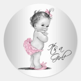 Pegatina Redonda Chica Bebé Vintage Rosa Gris Baby Shower
