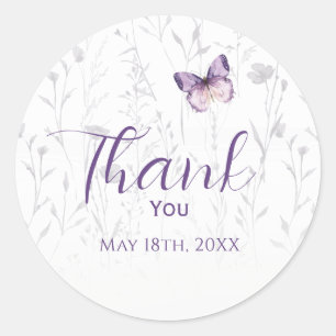 Pegatina Redonda Chica Boho Wildflower Purple Butterfly Baby Shower