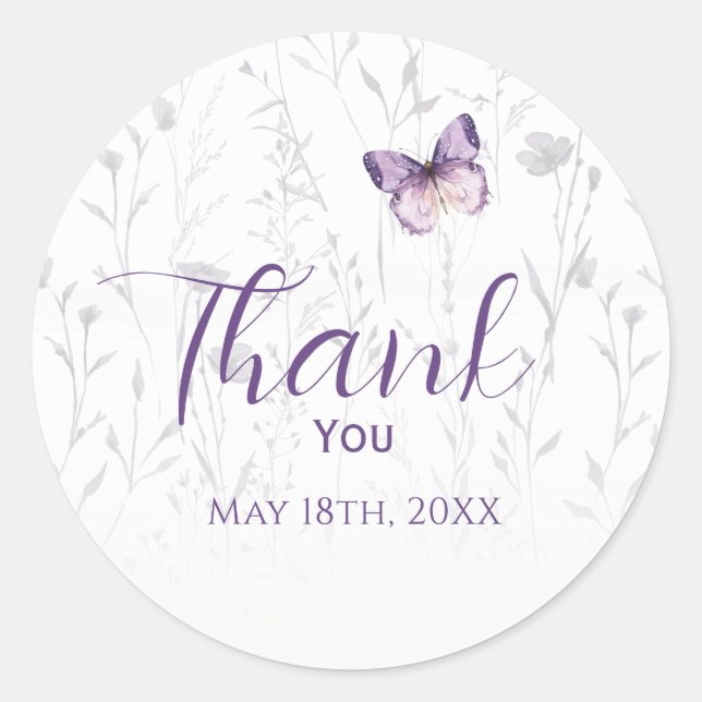 Pegatina Redonda Chica Boho Wildflower Purple Butterfly Baby Shower (Anverso)