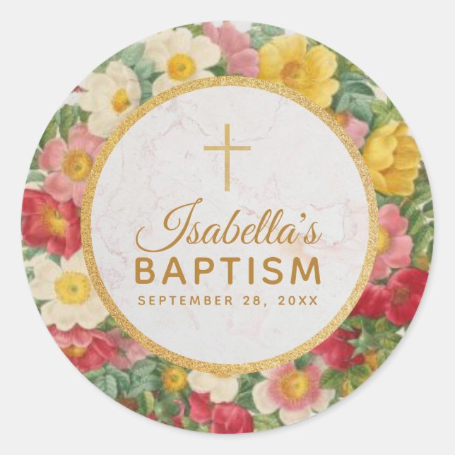 Pegatina Redonda Chica Christening Rosa Wreath Floral Gold Cross (Anverso)