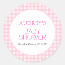 Pegatina Redonda Chica clásico rosado de Gingham Baby Shower