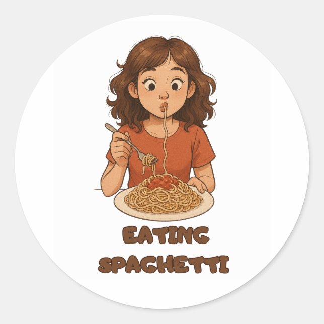 Pegatina Redonda chica comiendo espagueti (Anverso)