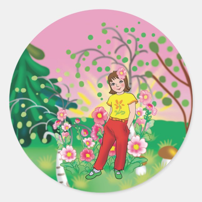 Pegatina Redonda chica con flores sobre un paisaje de fondo (Anverso)