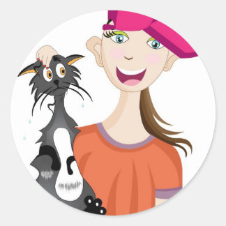 Pegatina Redonda Chica con gato mojado