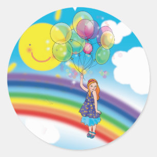 Pegatina Redonda chica con globos sobre un fondo de arco iris y