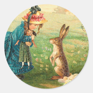 Pegatina Redonda Chica con muñeca y conejo venado de Pascua