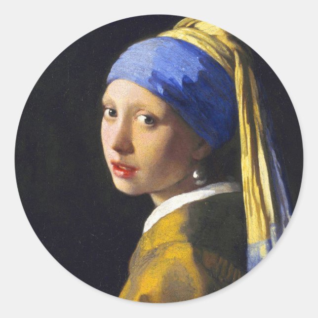 Pegatina Redonda Chica con Pearl Earring ~ Vermeer (Anverso)