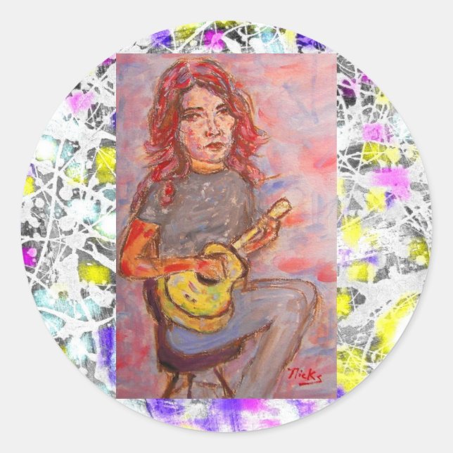Pegatina Redonda chica con pelo rojo y goteo ukulele (Anverso)