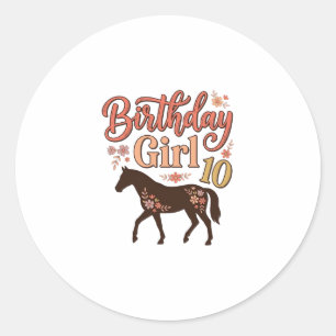 Pegatina Redonda Chica Cumpleaños 10 Caballo Diseño Vectorial Flora