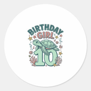 Pegatina Redonda Chica Cumpleaños 10 Tortuga Marina Grabado Vintage