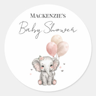 Pegatina Redonda Chica Cumpleaños Bebé Elefante y Globos Rosados