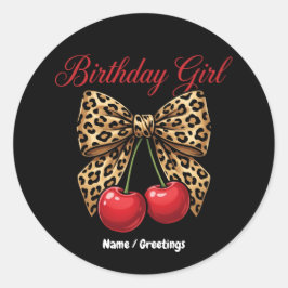 Pegatina Redonda Chica Cumpleaños Coquette Retro Lazo Leopardo Cere