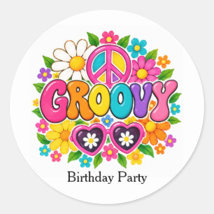Pegatina Redonda Chica Cumpleaños Fiesta Groovy Flower Power