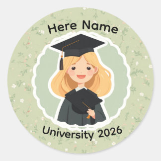 Pegatina Redonda Chica Cute de Graduación, Clase de 2026 Nombre Per