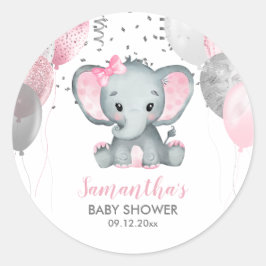 Pegatina Redonda Chica Cute Elephant Globos Rosa Baby Shower