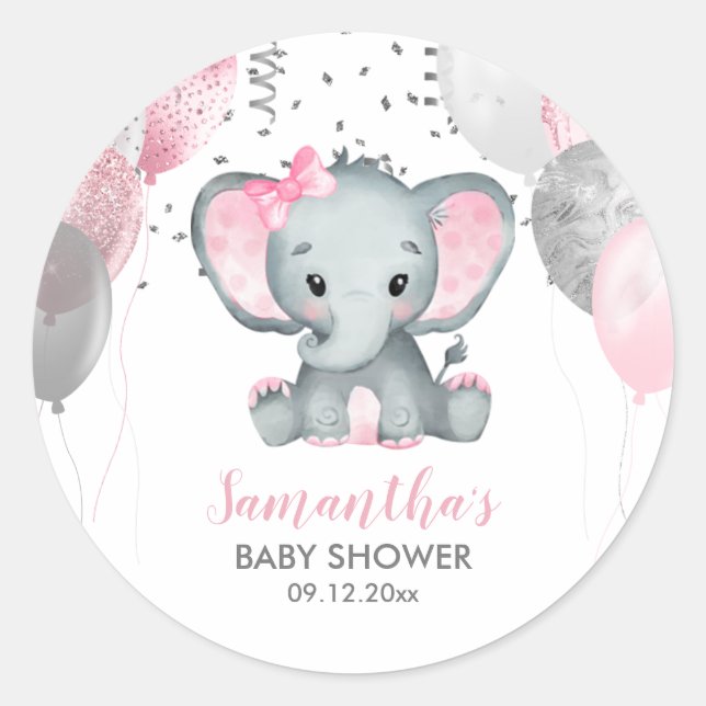 Pegatina Redonda Chica Cute Elephant Globos Rosa Baby Shower (Anverso)