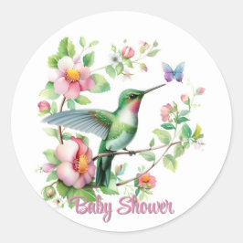 Pegatina Redonda Chica Cute Hummingbird y Butterfly Baby Shower