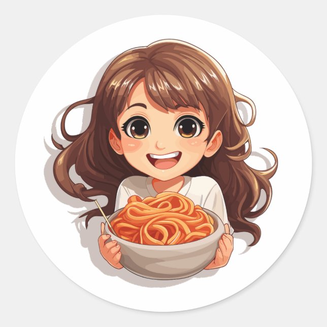 Pegatina Redonda Chica Cute Kawaii comiendo Spaghetti (Anverso)