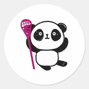 Pegatina Redonda Chica Cute Lacrosse Panda Con Lacrosse Lax Stick