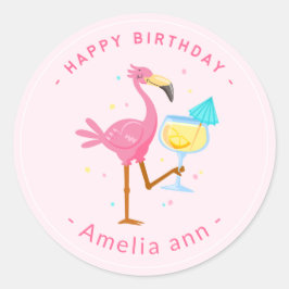 PEGATINA REDONDA CHICA CUTE PINK FLAMINGO FELIZ DE CUMPLEAÑOS