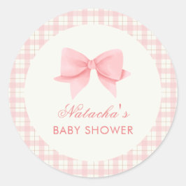 Pegatina Redonda Chica Cute Pink Gingham Plaid Bow Baby Shower