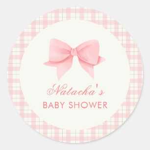 Pegatina Redonda Chica Cute Pink Gingham Plaid Bow Baby Shower