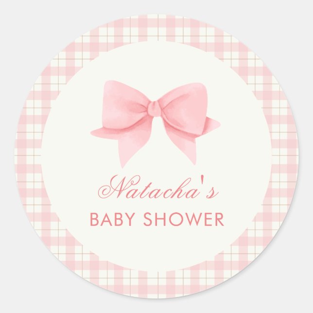 Pegatina Redonda Chica Cute Pink Gingham Plaid Bow Baby Shower (Anverso)