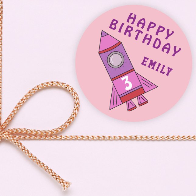 Pegatina Redonda Chica Cute Rocket Pink Kids Feliz cumpleaños (Subido por el creador)