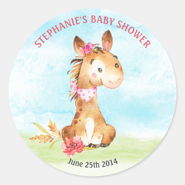 Pegatina Redonda Chica de acuarela Caballo Baby Shower Farm (Anverso)