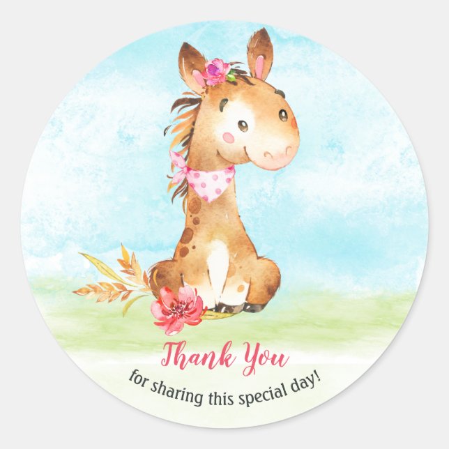 Pegatina Redonda Chica de acuarela Caballo Baby Shower Farm Gracias (Anverso)