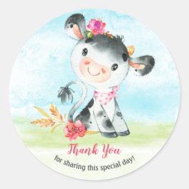 Pegatina Redonda Chica de acuarela Cow Baby Shower Farm Gracias