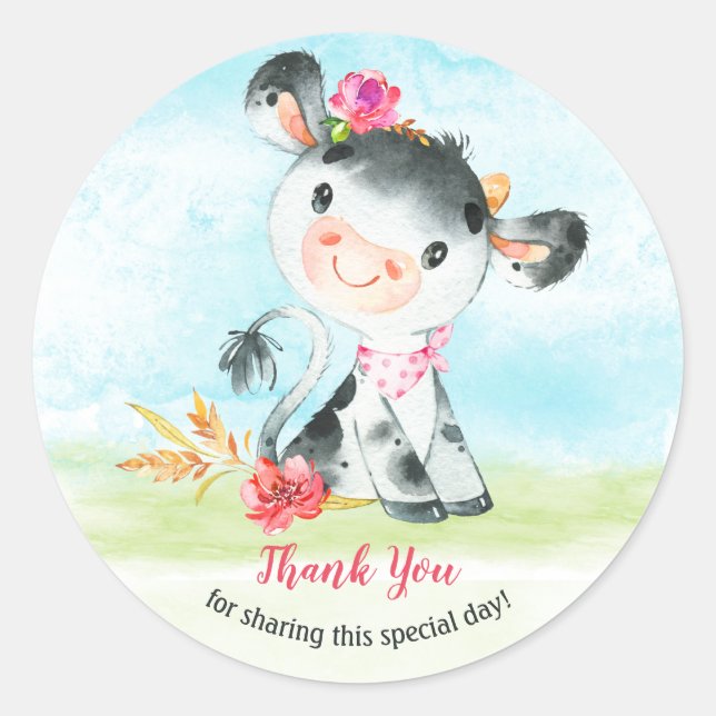Pegatina Redonda Chica de acuarela Cow Baby Shower Farm Gracias (Anverso)