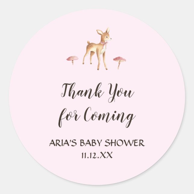 Pegatina Redonda Chica de acuarela Deer Mushrooms Baby Shower Favor (Anverso)