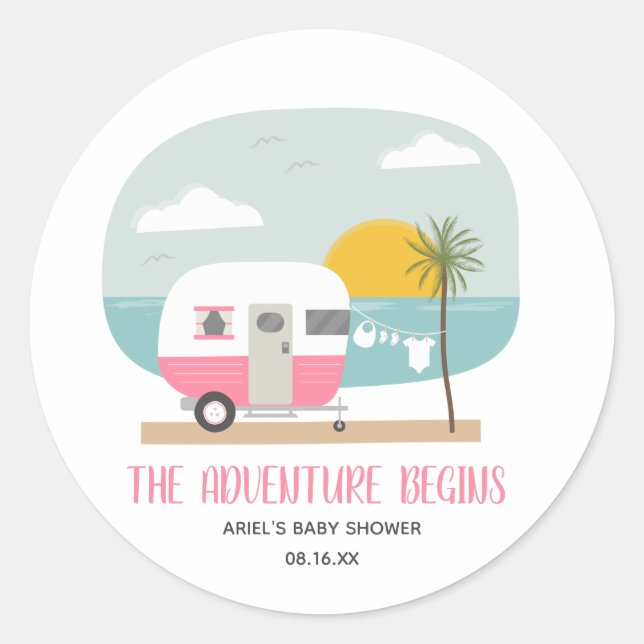 Pegatina Redonda Chica de Adventure Pink Camper Beach Baby Shower (Anverso)