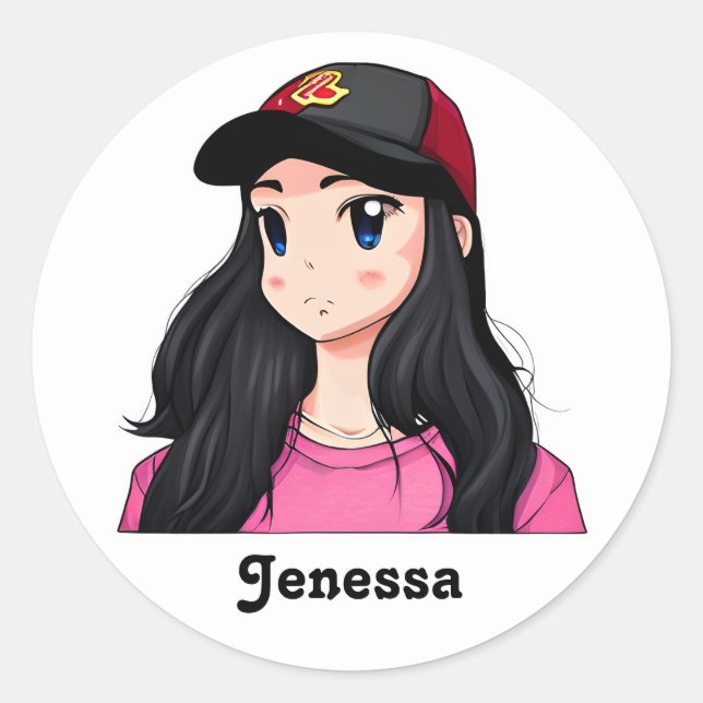 Pegatina Redonda Chica de animaciones de pelo negro con ojos azules (Anverso)